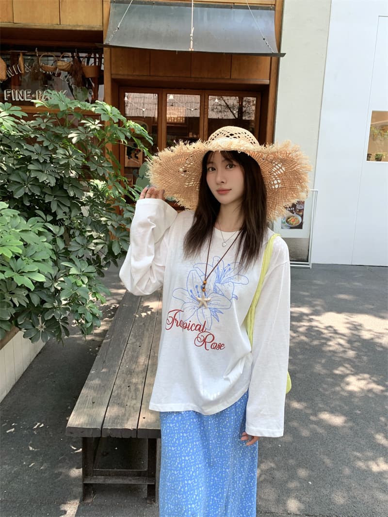花柄 ファッション 優美な花刺繍 ゆったり長袖Tシャツ