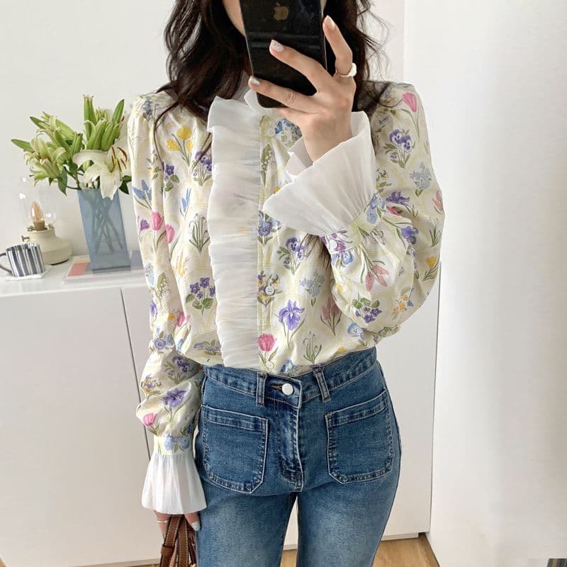 花柄 ファッション 花柄フリルネック ブラウス ラッパ袖 レディース長袖