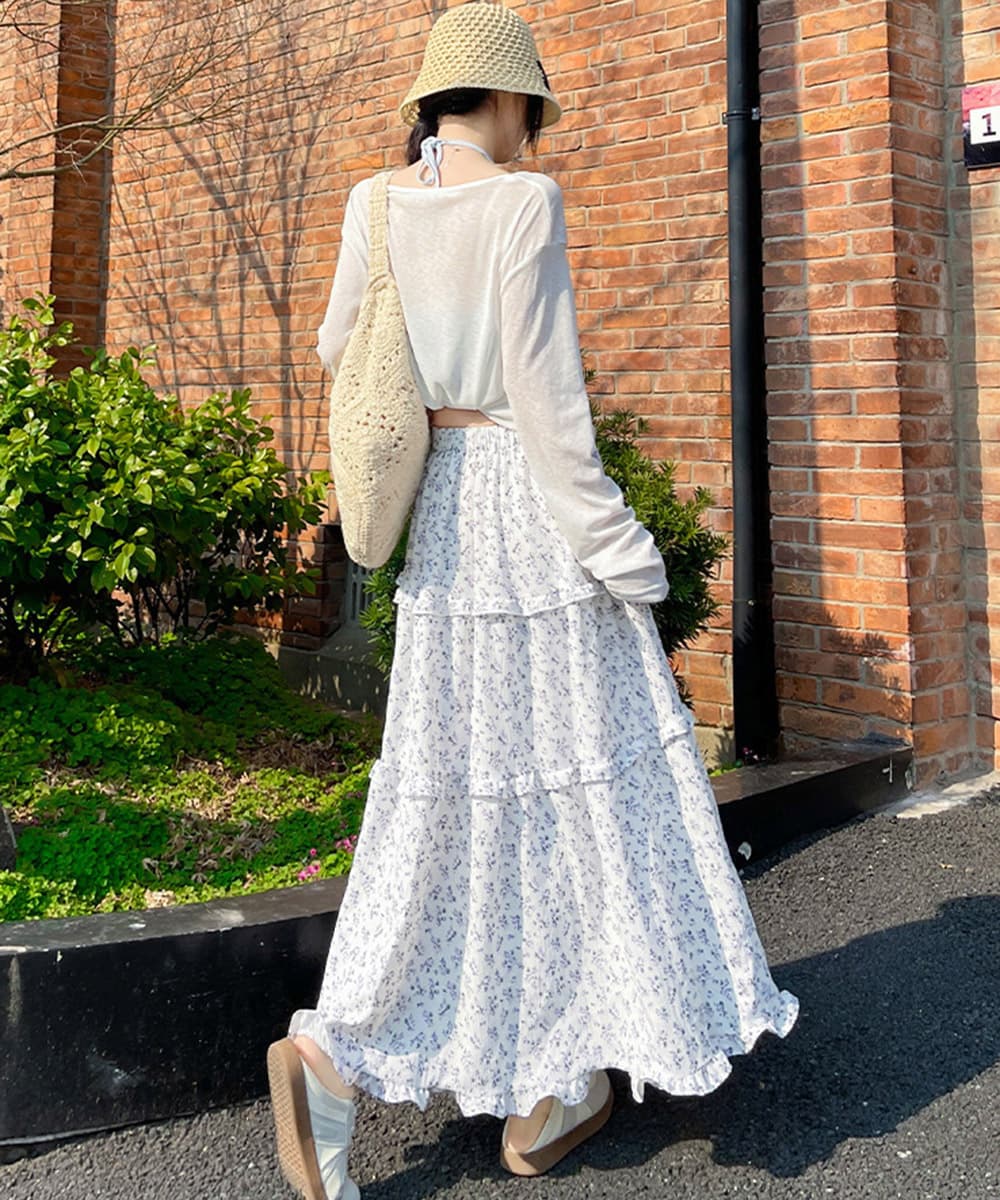 花柄 ファッション 華やか小花柄 三段ティアードロングスカート