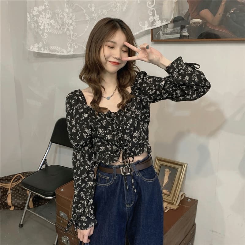 花柄 ファッション 優美な花柄 スクエアネック チュニック トップス