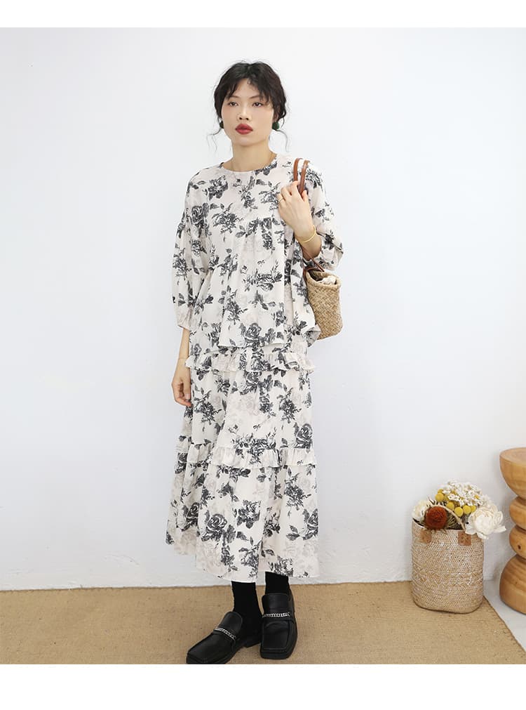 花柄 ファッション 薔薇模様の優美ティアードスカート
