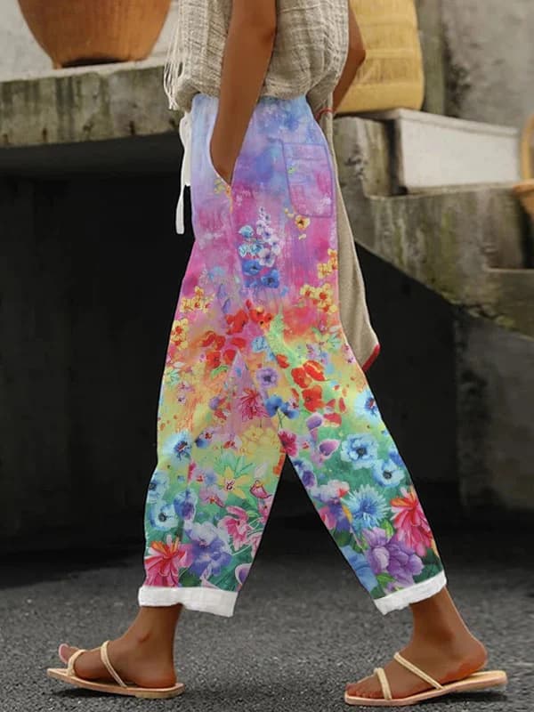 花柄 ファッション 彩り水彩模様ワイドパンツ