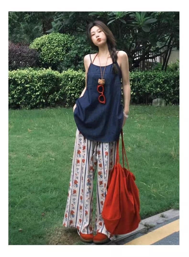 花柄 ファッション 縦縞花柄ワイドパンツ