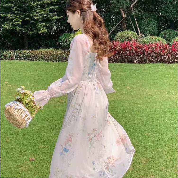 花柄 ファッション 優美な花柄シフォンロングワンピース