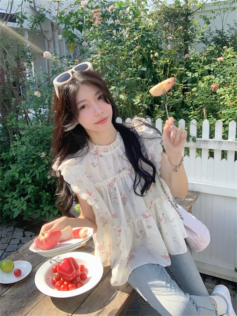 花柄 ファッション 夏新作 小花柄フリルブラウス ゆったりシルエット