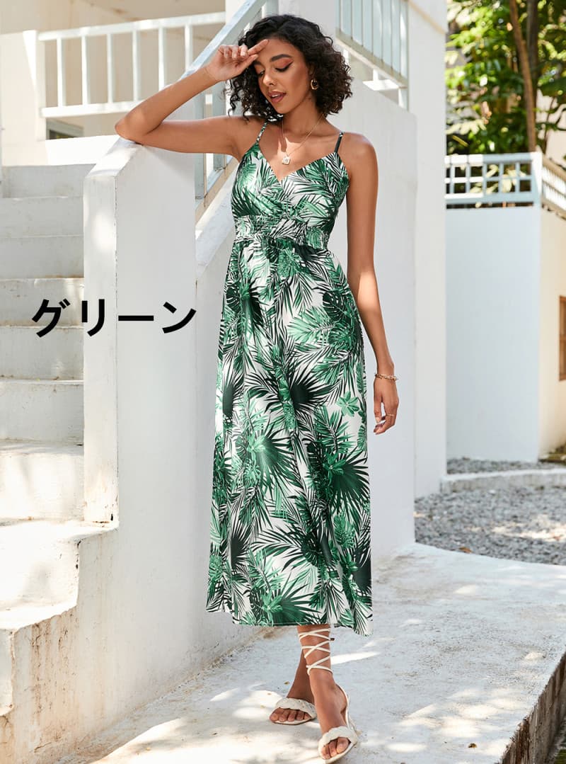 花柄 ファッション 花柄カシュクールキャミワンピース 南国風シャーリング