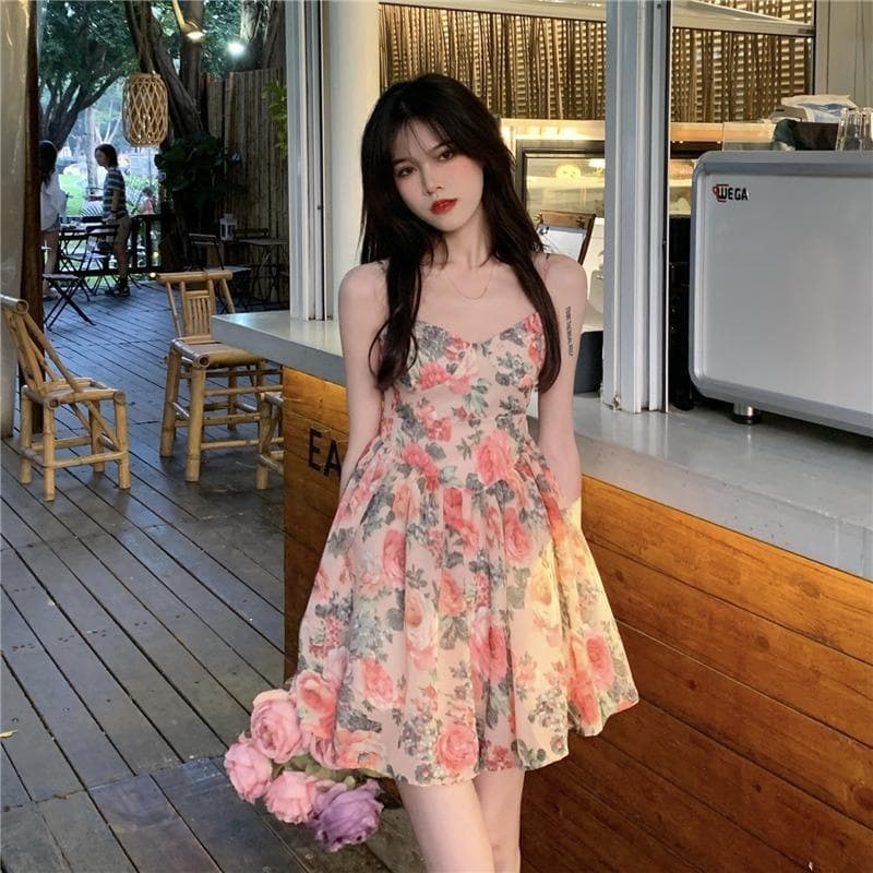 花柄 ファッション 優美なバラ咲くキャミソールワンピース
