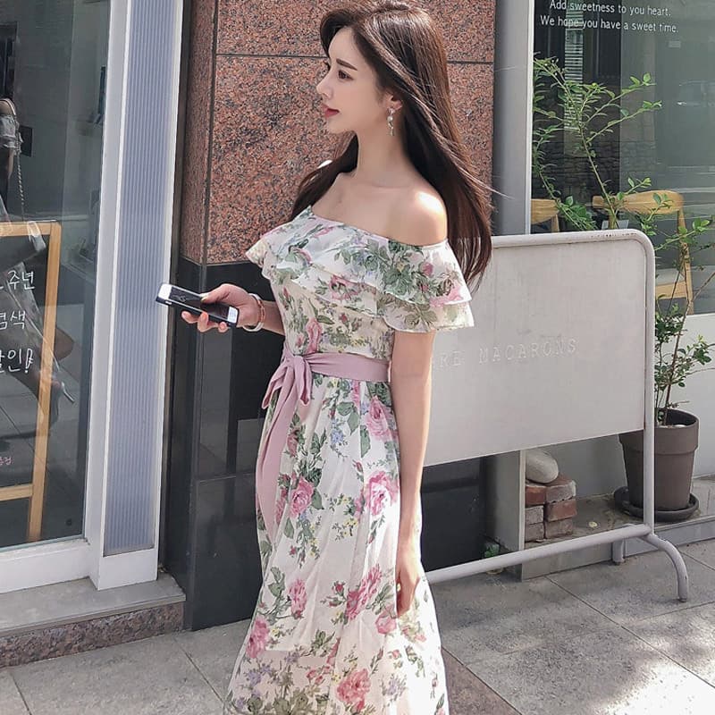 花柄 ファッション 優美な肩見せフリル花柄ワンピース