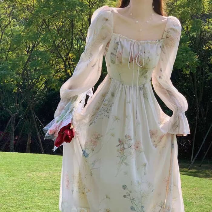 花柄 ファッション 優美な花柄シフォンロングワンピース