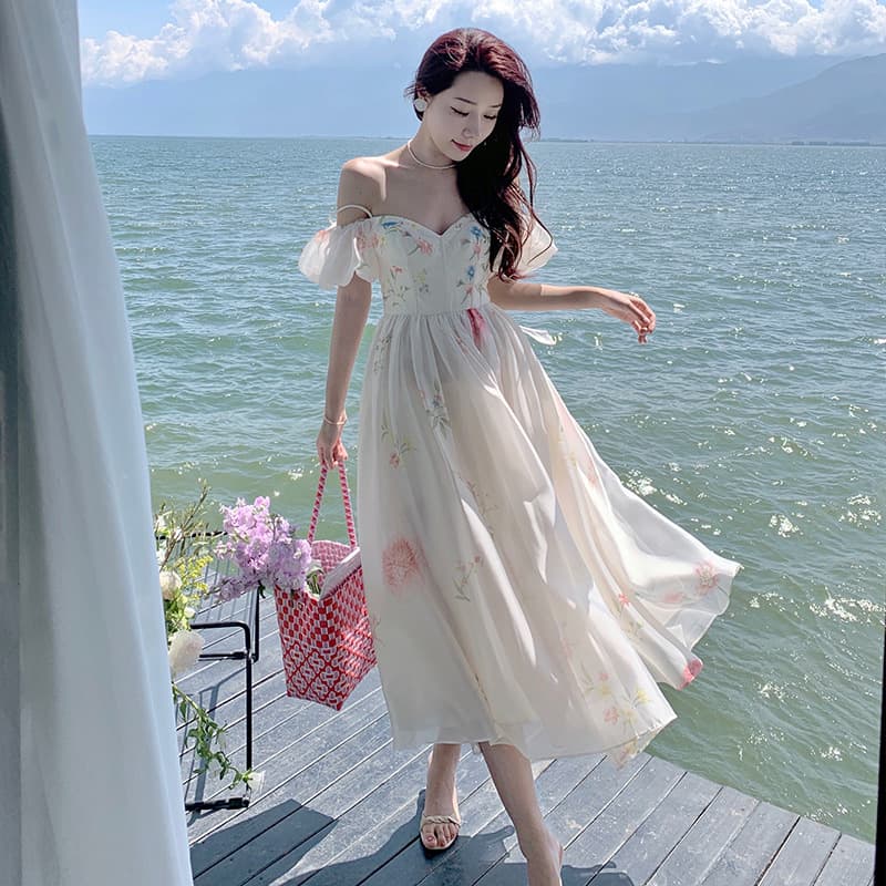 花柄 ファッション 優美な花柄オフショルダーフレアワンピース