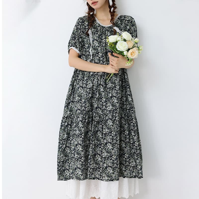 花柄 ファッション 小花模様の優しげティアードワンピース