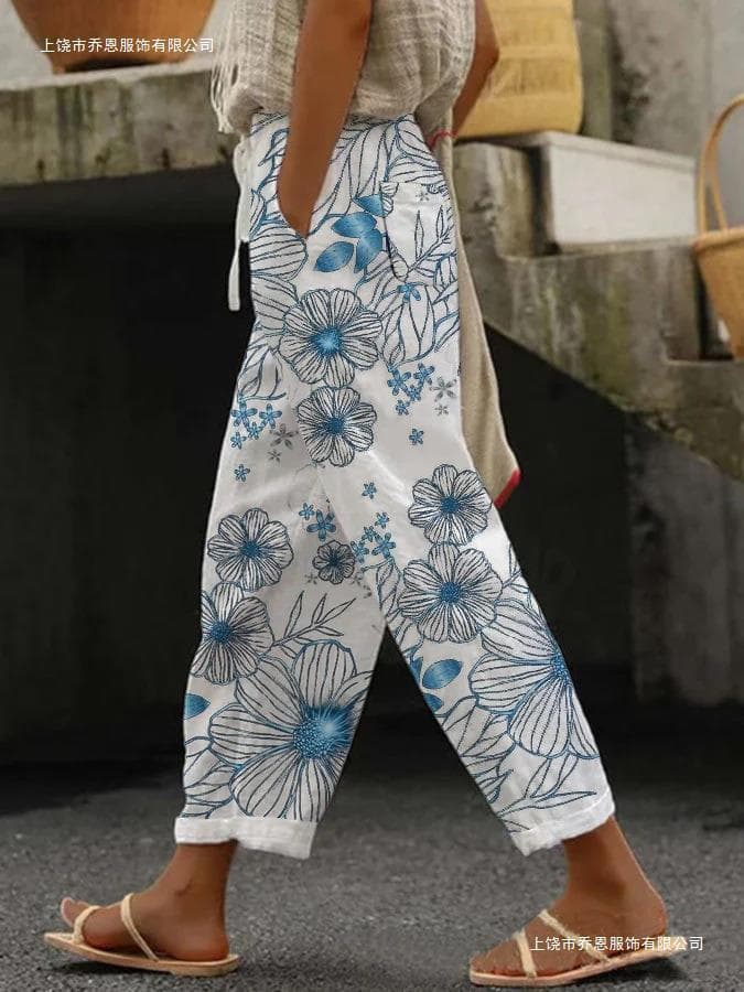 花柄 ファッション 彩り水彩模様ワイドパンツ