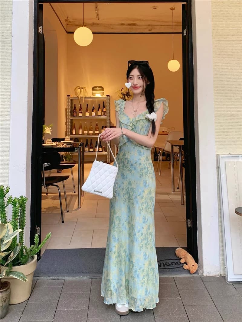 花柄 ファッション 優美な花園フリルロングワンピース