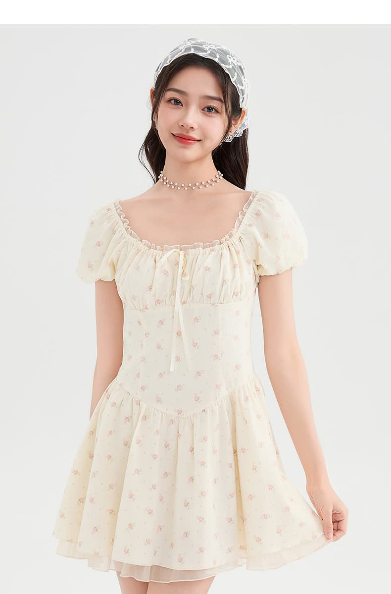 花柄 ファッション 優美な小花ギャザーパフスリーブワンピース
