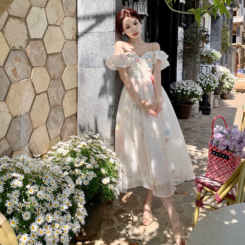 花柄 ファッション 優美な花柄オフショルダーフレアワンピース