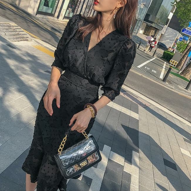 花柄 ファッション 花柄レース カシュクール ミモレ丈ワンピース 黒