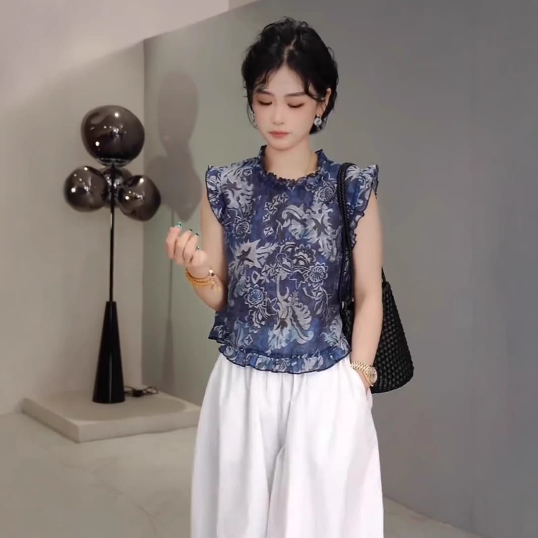 花柄 ファッション 優美唐草模様フリルノースリーブブラウス