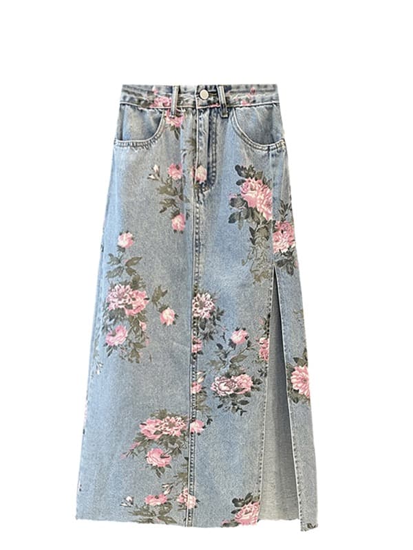 花柄 ファッション 花柄デニムスカート サイドスリット ハイウエスト レディース