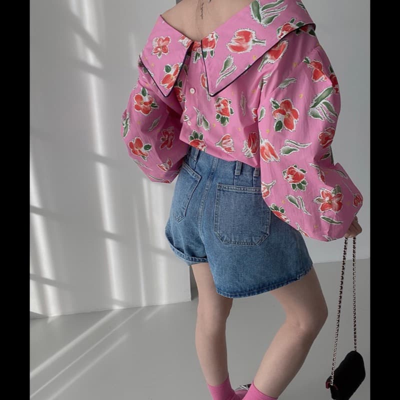花柄 ファッション 花柄ビッグカラー長袖ブラウス