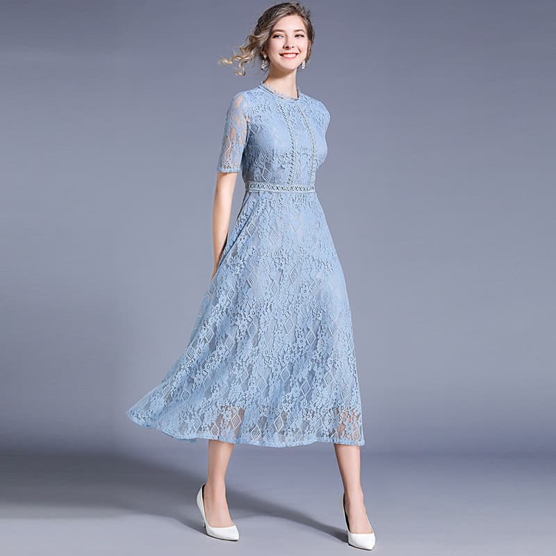 花柄 ファッション 花柄レース ミモレ丈ワンピース 上品フレアシルエット