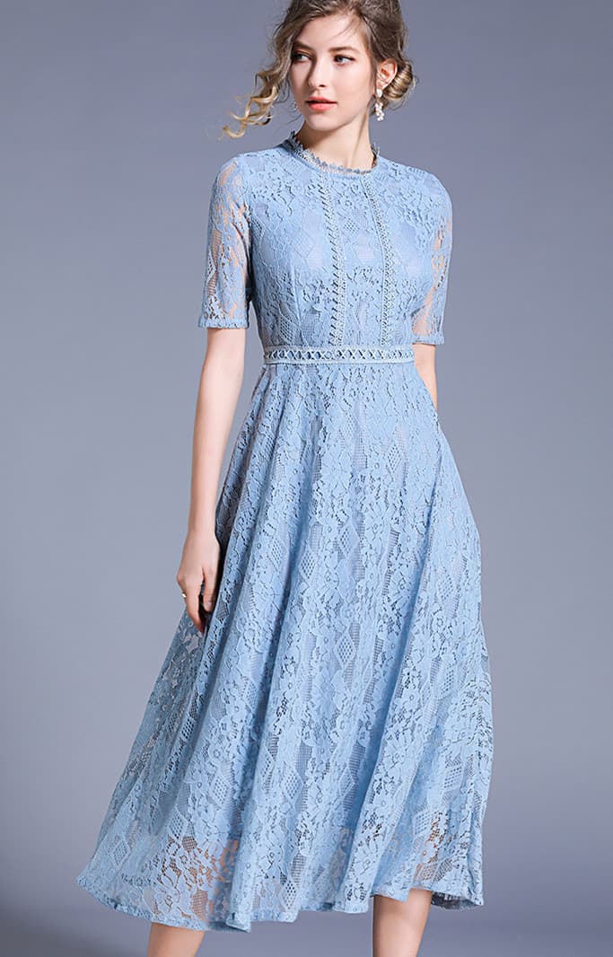 花柄 ファッション 花柄レース ミモレ丈ワンピース 上品フレアシルエット