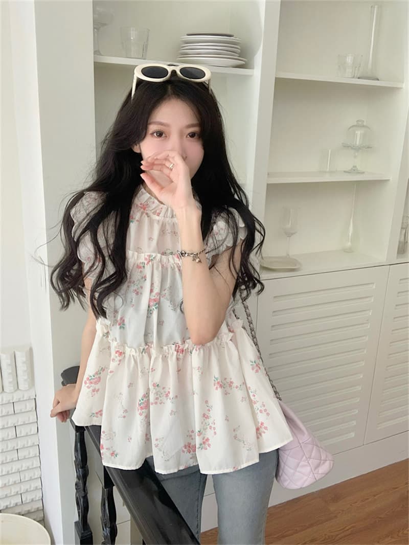 花柄 ファッション 夏新作 小花柄フリルブラウス ゆったりシルエット