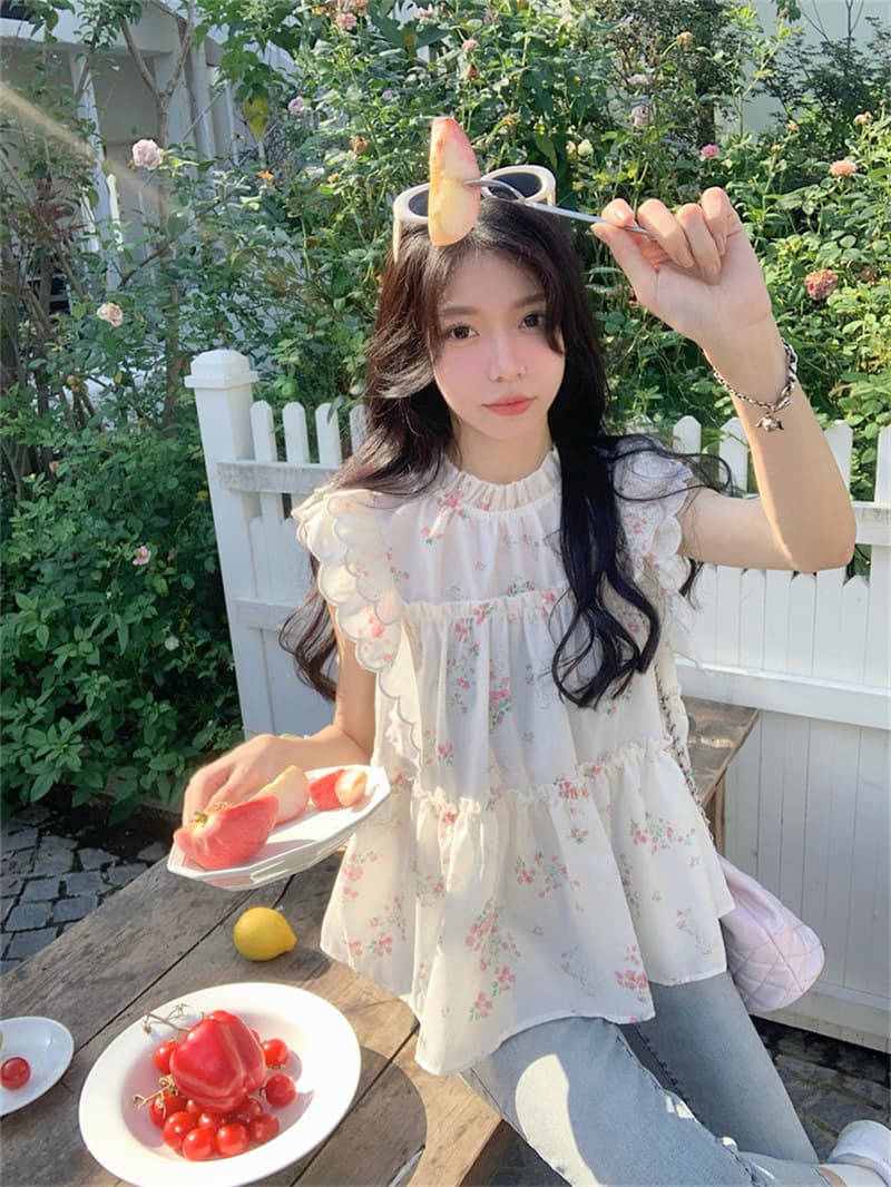 花柄 ファッション 夏新作 小花柄フリルブラウス ゆったりシルエット
