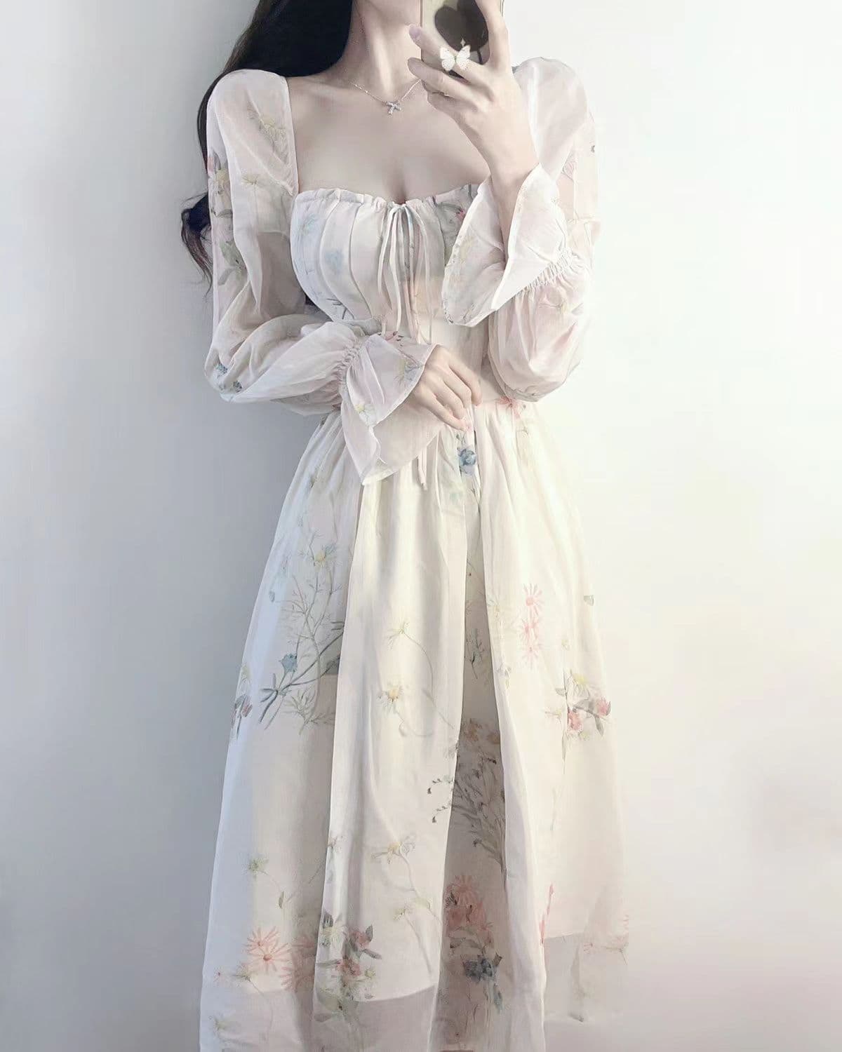 花柄 ファッション 優美な花柄シフォンロングワンピース