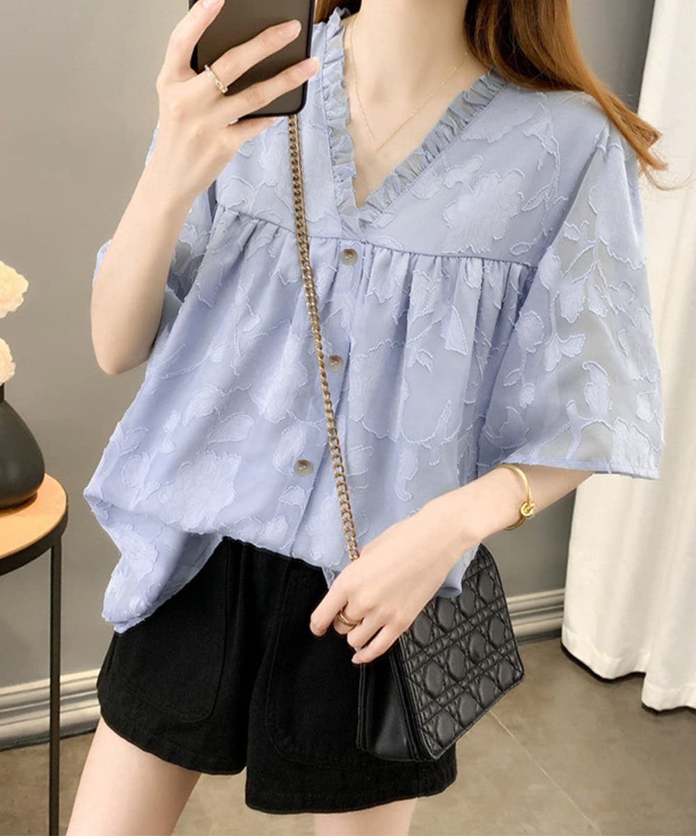花柄 ファッション 花柄刺繍 Vネックフリルブラウス 夏服