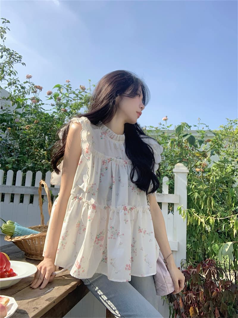 花柄 ファッション 夏新作 小花柄フリルブラウス ゆったりシルエット