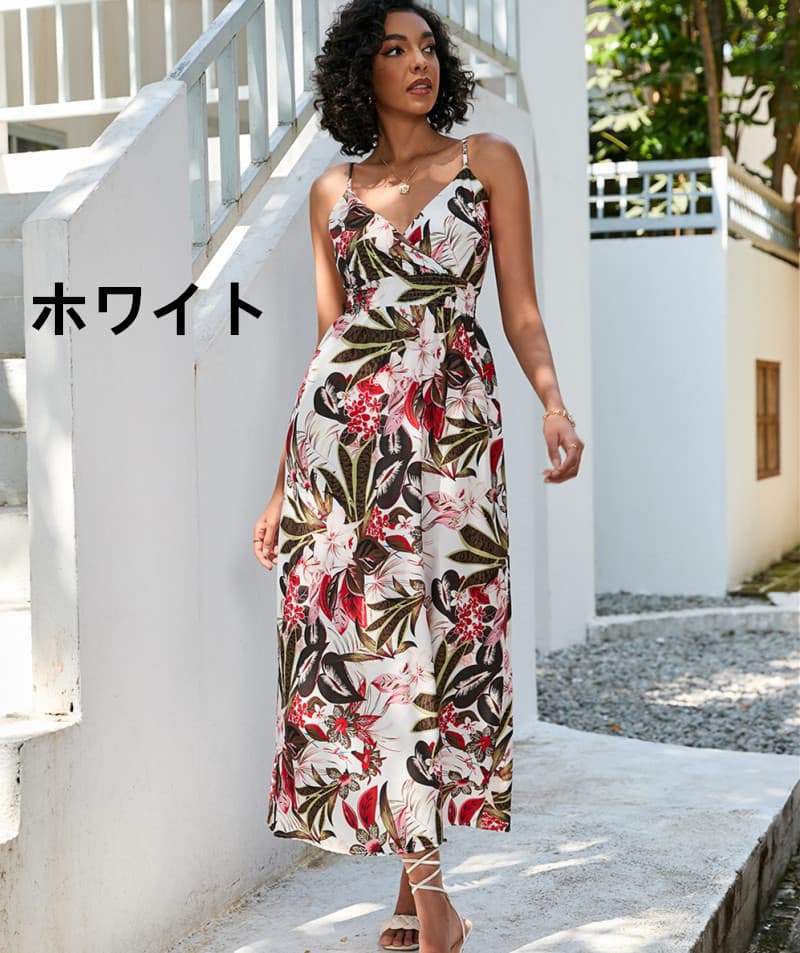 花柄 ファッション 花柄カシュクールキャミワンピース 南国風シャーリング
