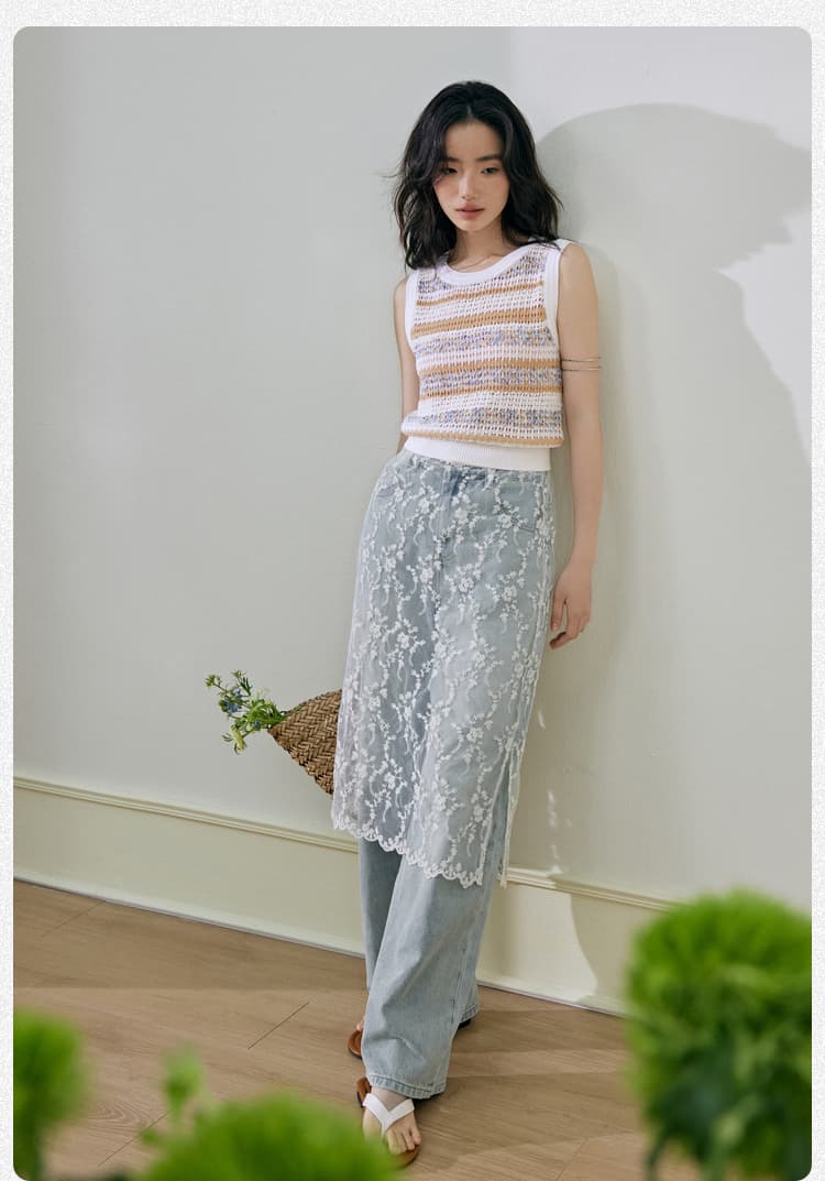 花柄 ファッション 透かし花刺繍レイヤードスカート
