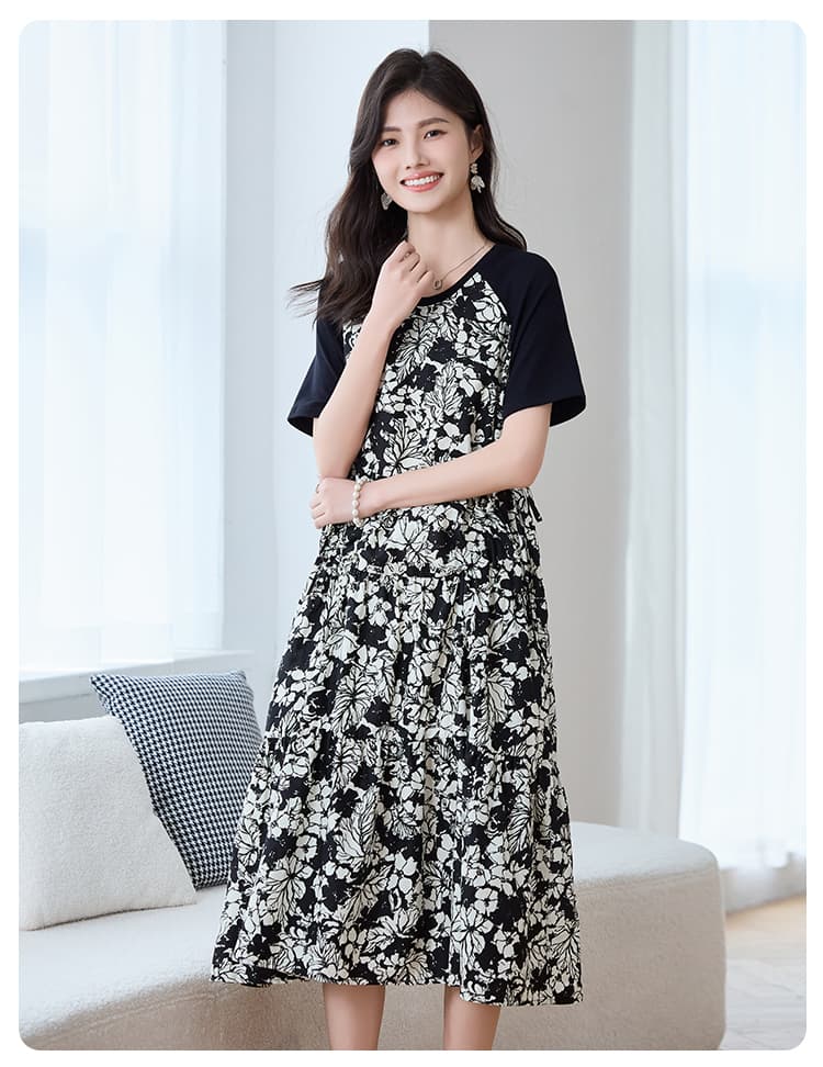 花柄 ファッション 野花散る麗らか切替ワンピース