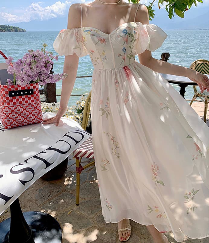 花柄 ファッション 優美な花柄オフショルダーフレアワンピース