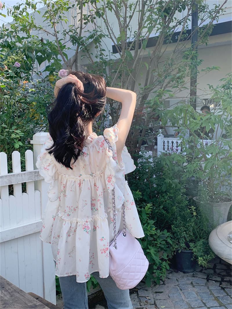 花柄 ファッション 夏新作 小花柄フリルブラウス ゆったりシルエット