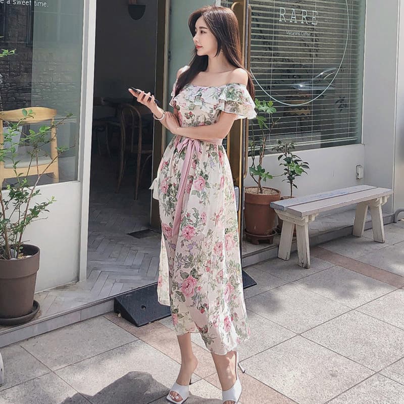 花柄 ファッション 優美な肩見せフリル花柄ワンピース