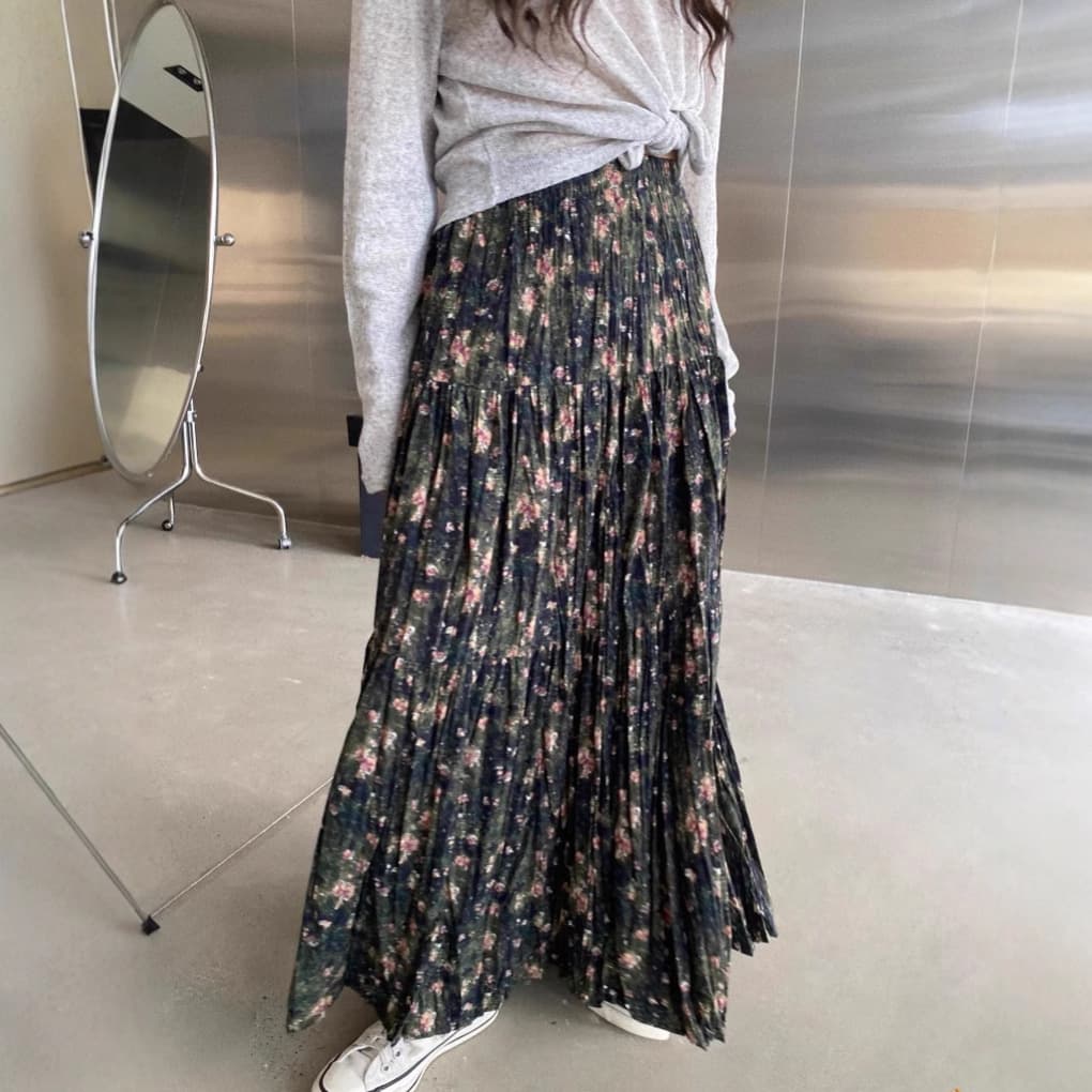 花柄 ファッション 優美な小花柄ロングプリーツスカート