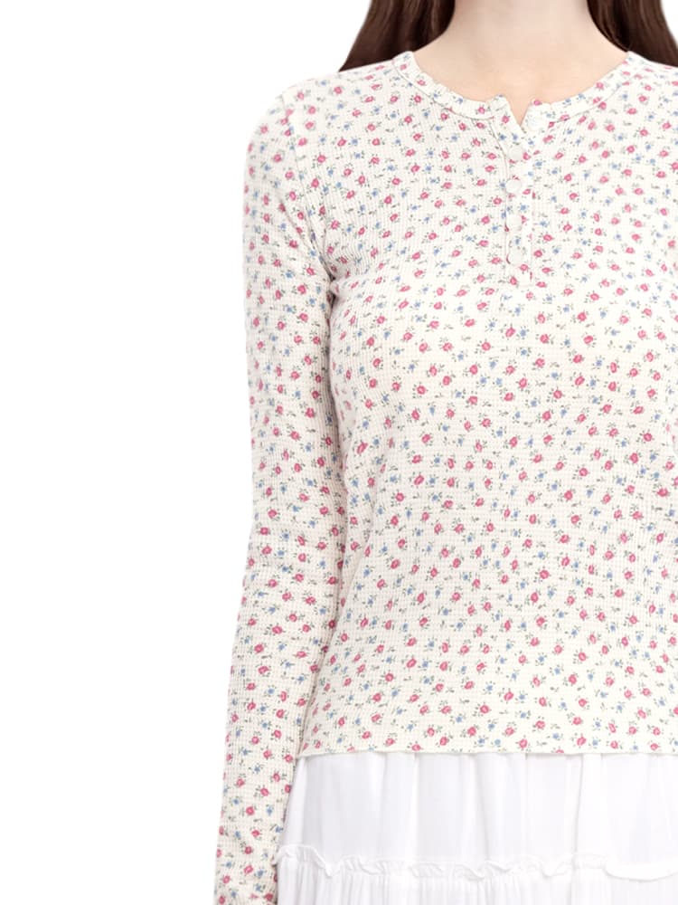 花柄 ファッション 小花ちりばめ ノーカラーリブTシャツ
