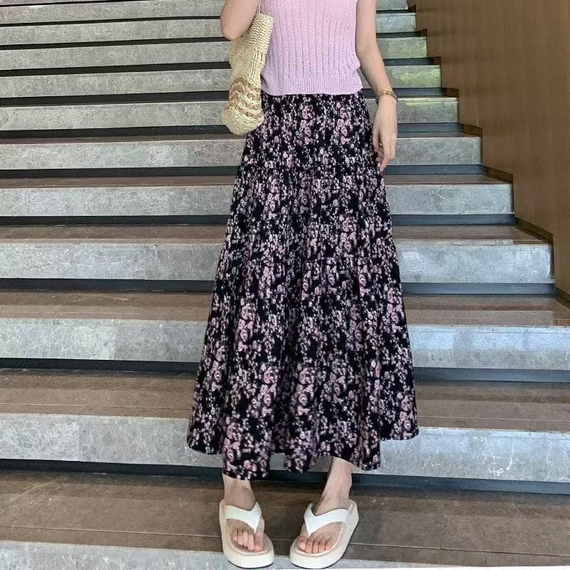 花柄 ファッション 優美な小花ティアードロングスカート