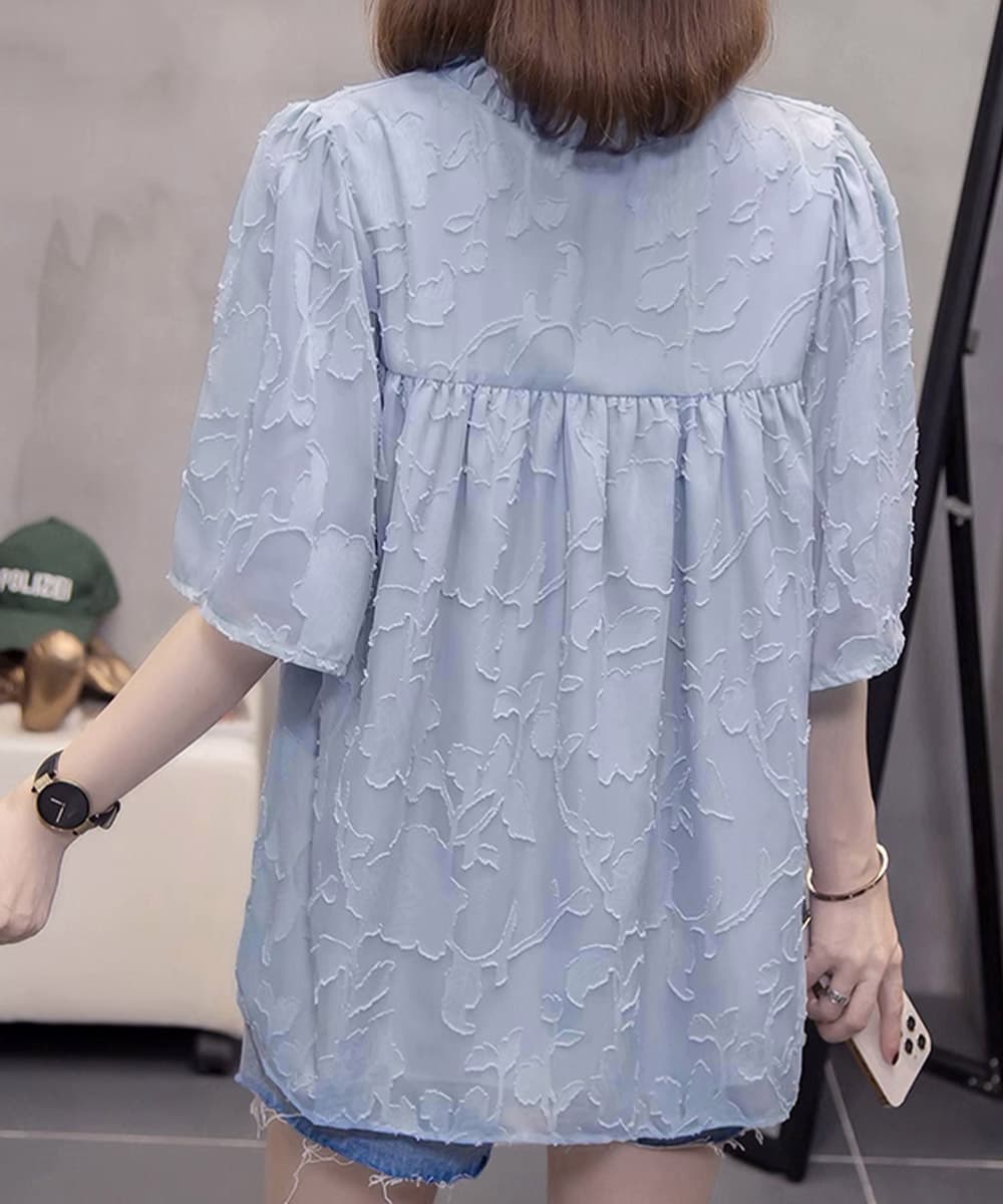花柄 ファッション 花柄刺繍 Vネックフリルブラウス 夏服