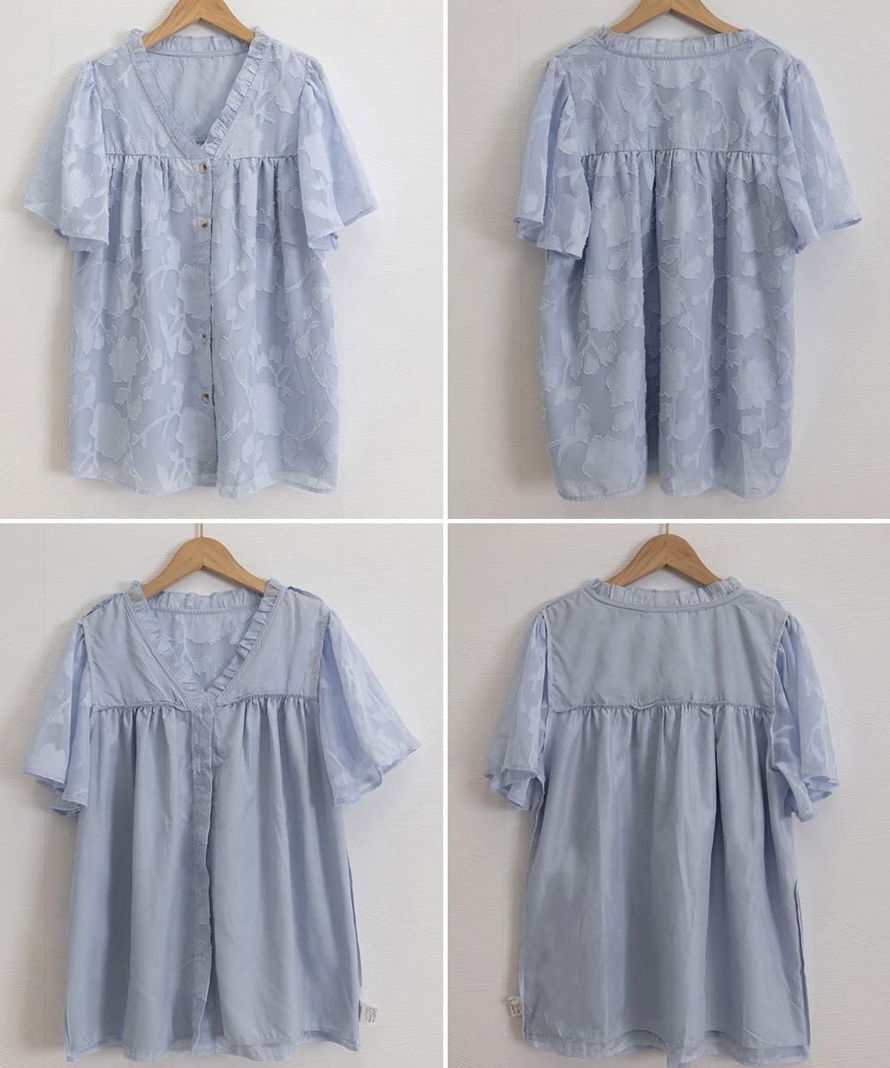 花柄 ファッション 花柄刺繍 Vネックフリルブラウス 夏服