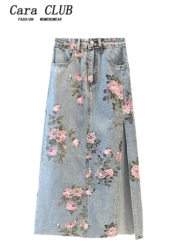 花柄 ファッション 花柄デニムスカート サイドスリット ハイウエスト レディース