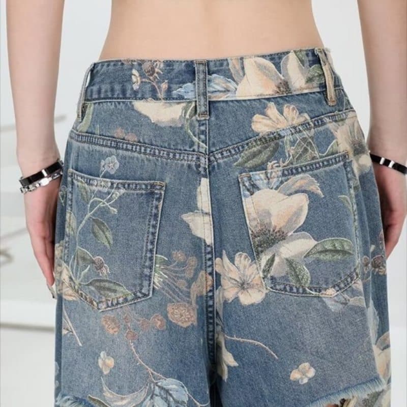 花柄 ファッション 花柄ダメージ加工ワイドデニムパンツ レディース