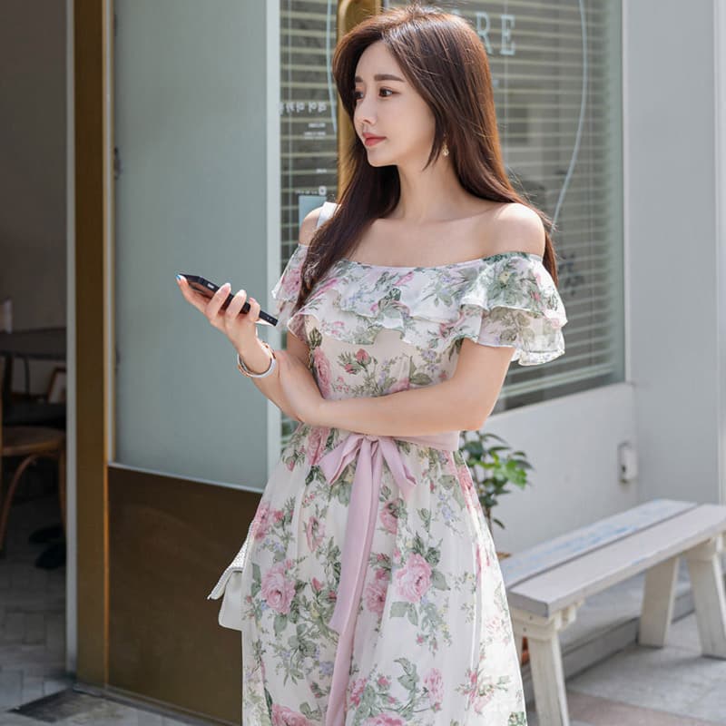 花柄 ファッション 優美な肩見せフリル花柄ワンピース