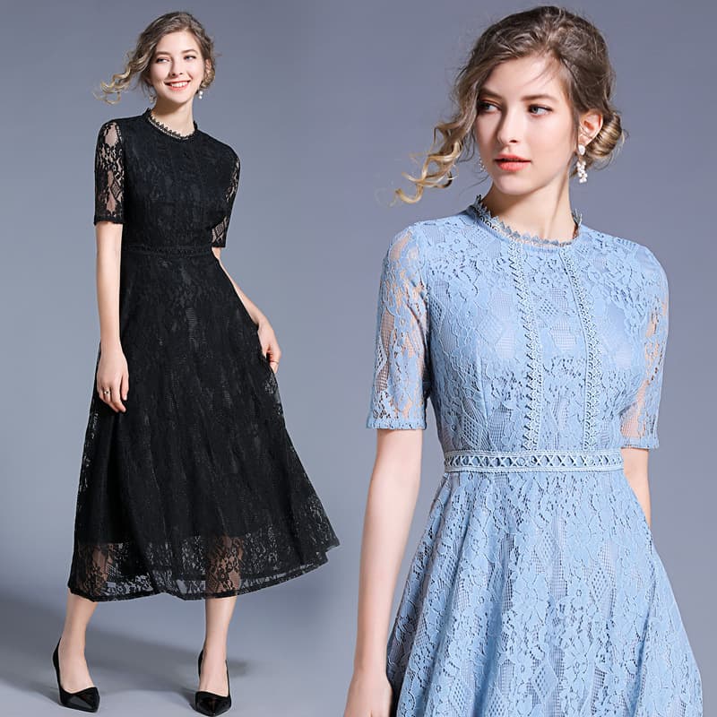 花柄 ファッション 花柄レース ミモレ丈ワンピース 上品フレアシルエット