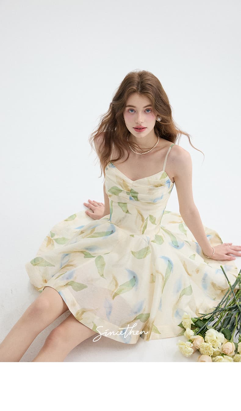 花柄 ファッション 優美な水彩花柄キャミソールワンピース