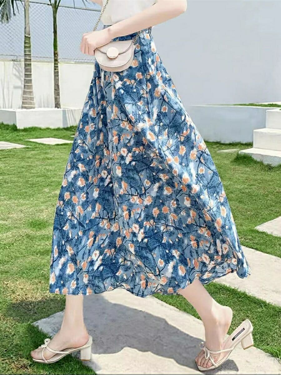 花柄 ファッション 桜舞う風情 ミディ丈フレアスカート