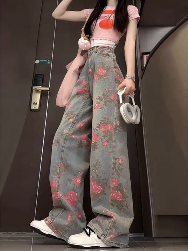 花柄 ファッション 花柄デニム ハイウエストパンツ レディース