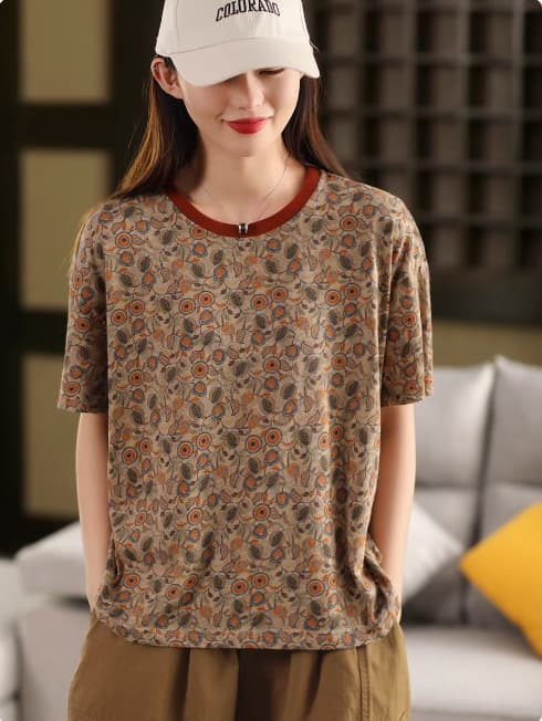 花柄 ファッション 花織りの詩 レトロ風ゆったりTシャツ