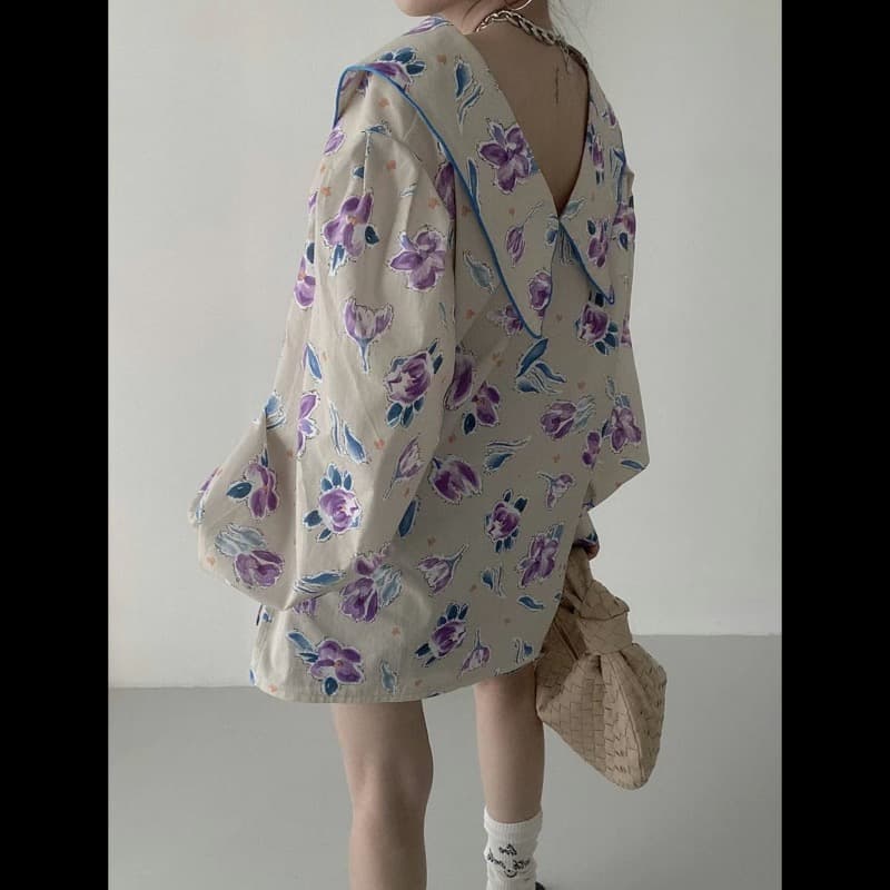 花柄 ファッション 花柄ビッグカラー長袖ブラウス